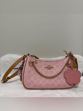 Coach Teri Shoulder Bag NWT Gold/Powder Pink Charm Crossbody Signature Canvas